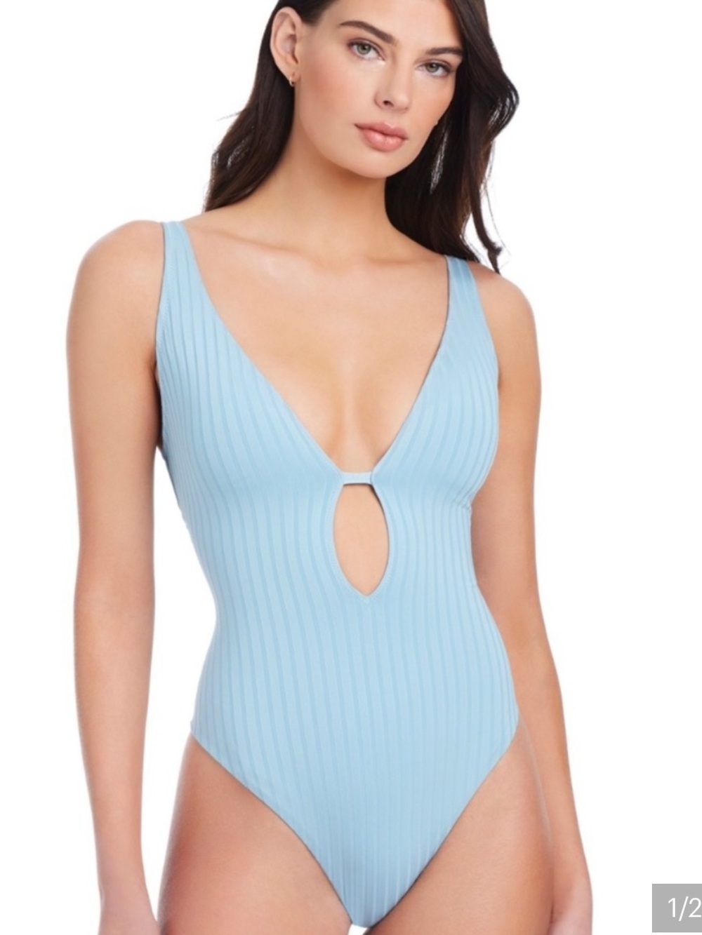 Sanctuary NWT L SLATE Blue Ribbed Keyhole corset back cheeky One-Piece Swimsuit